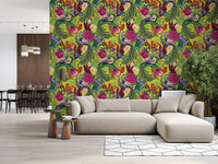Neon green botanical wallpaper with colorful feathers and flowers
