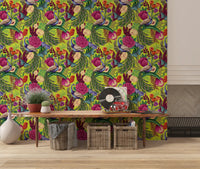 Maximalist floral wallpaper with peacock bird and vivid foliage