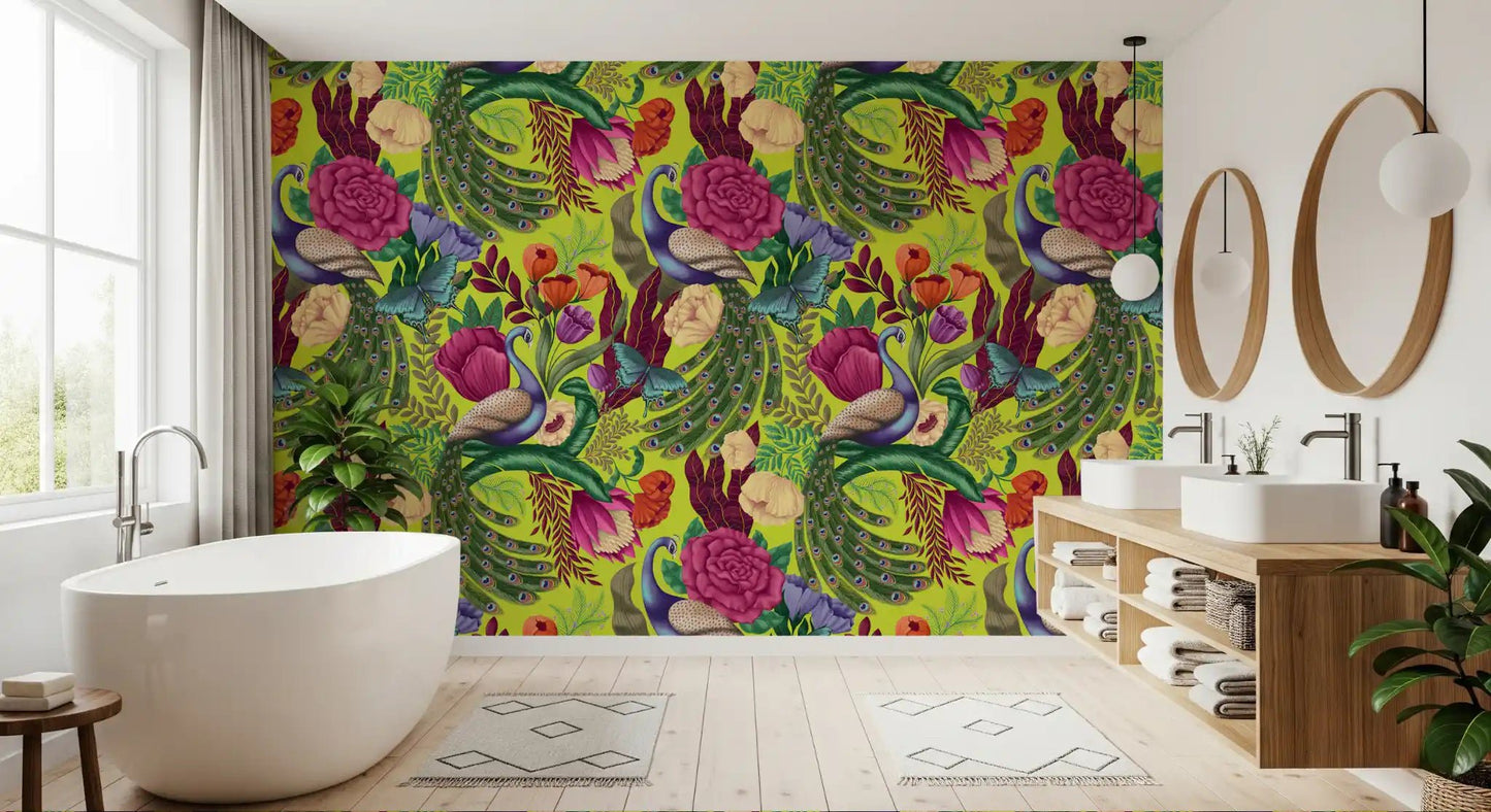 Peacock fantasy wallpaper in a bathroom with florals and feather detail