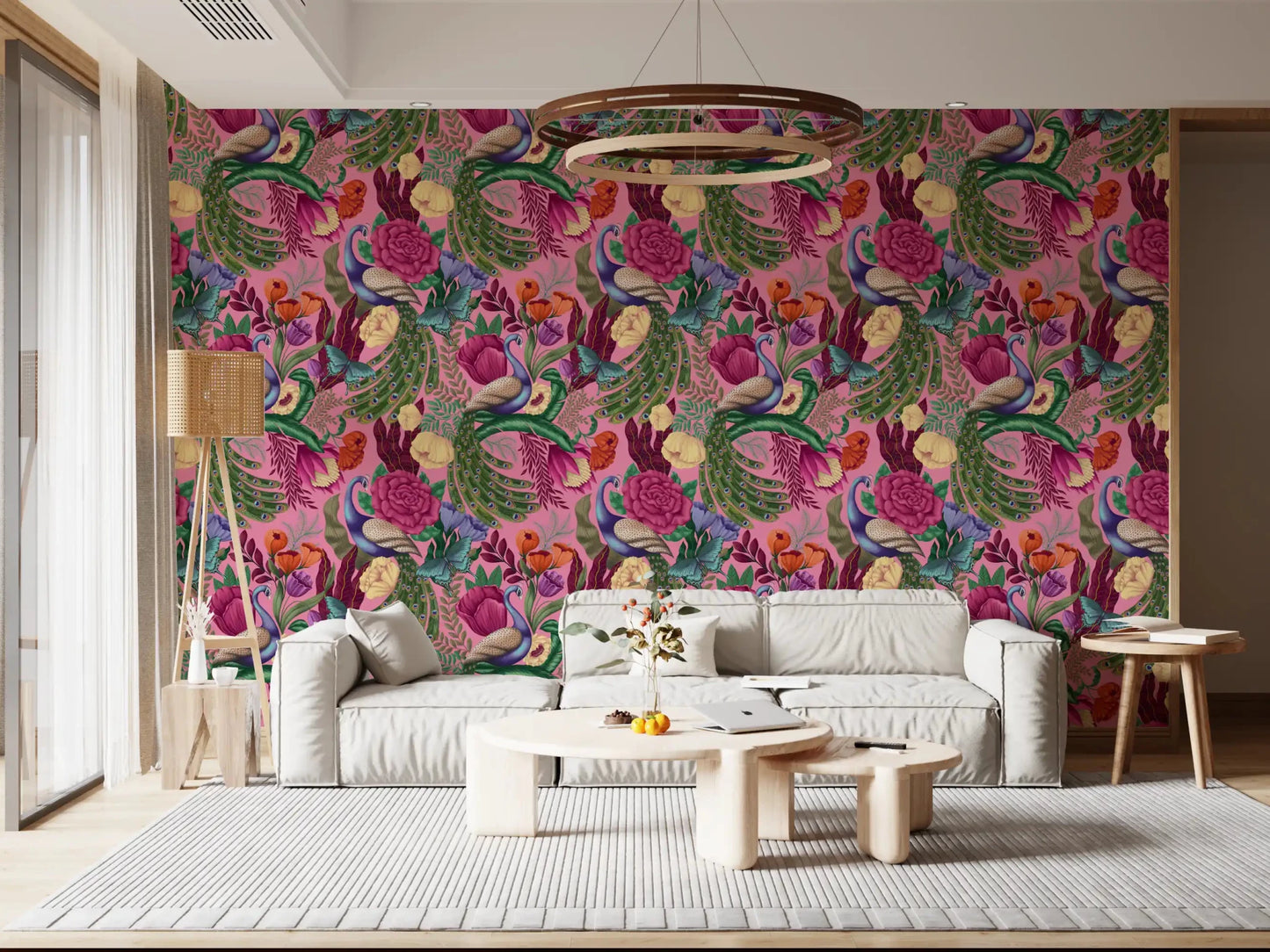 Fantasy garden wallpaper with butterflies and peacocks on pink