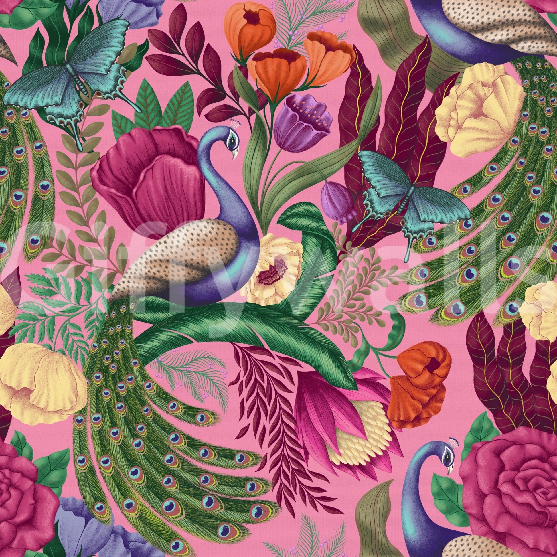 Pink peacock feather wallpaper with rich florals and leafy pattern