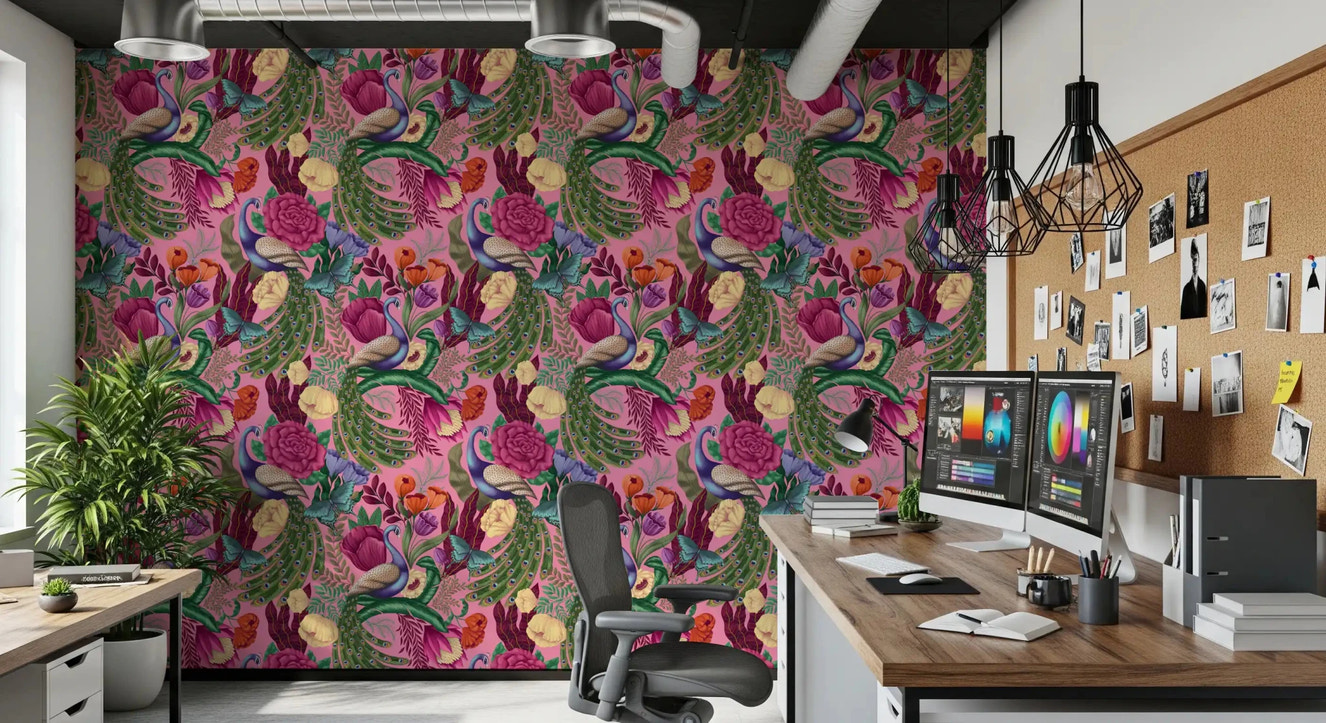 Maximalist Peacock Fantasy Garden - Pink Wallpaper⁠