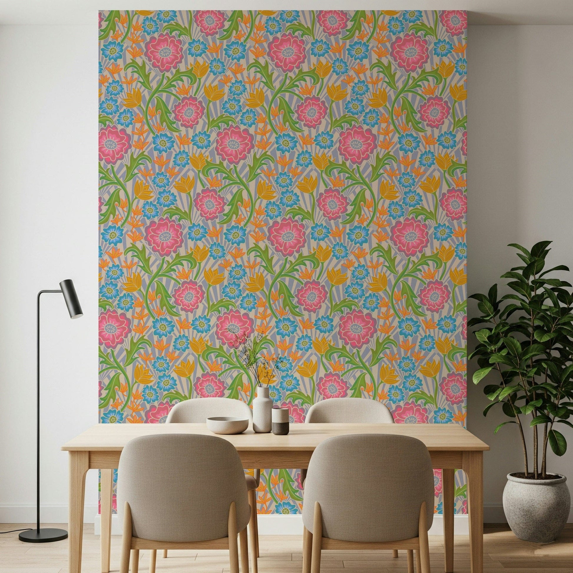 Deco Geometric wall mural, busy garden motif, pink and blue.