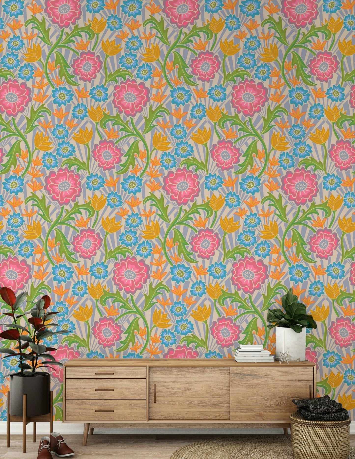 Maybelle Floral wallpaper, vibrant retro blooms, fuchsia and orange.