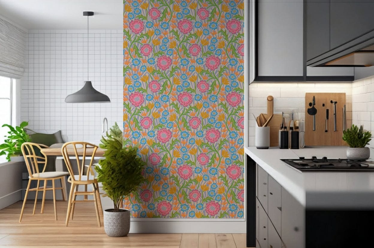 Wallpaper for walls, Maybelle, sunburst geometry, teal and mustard.