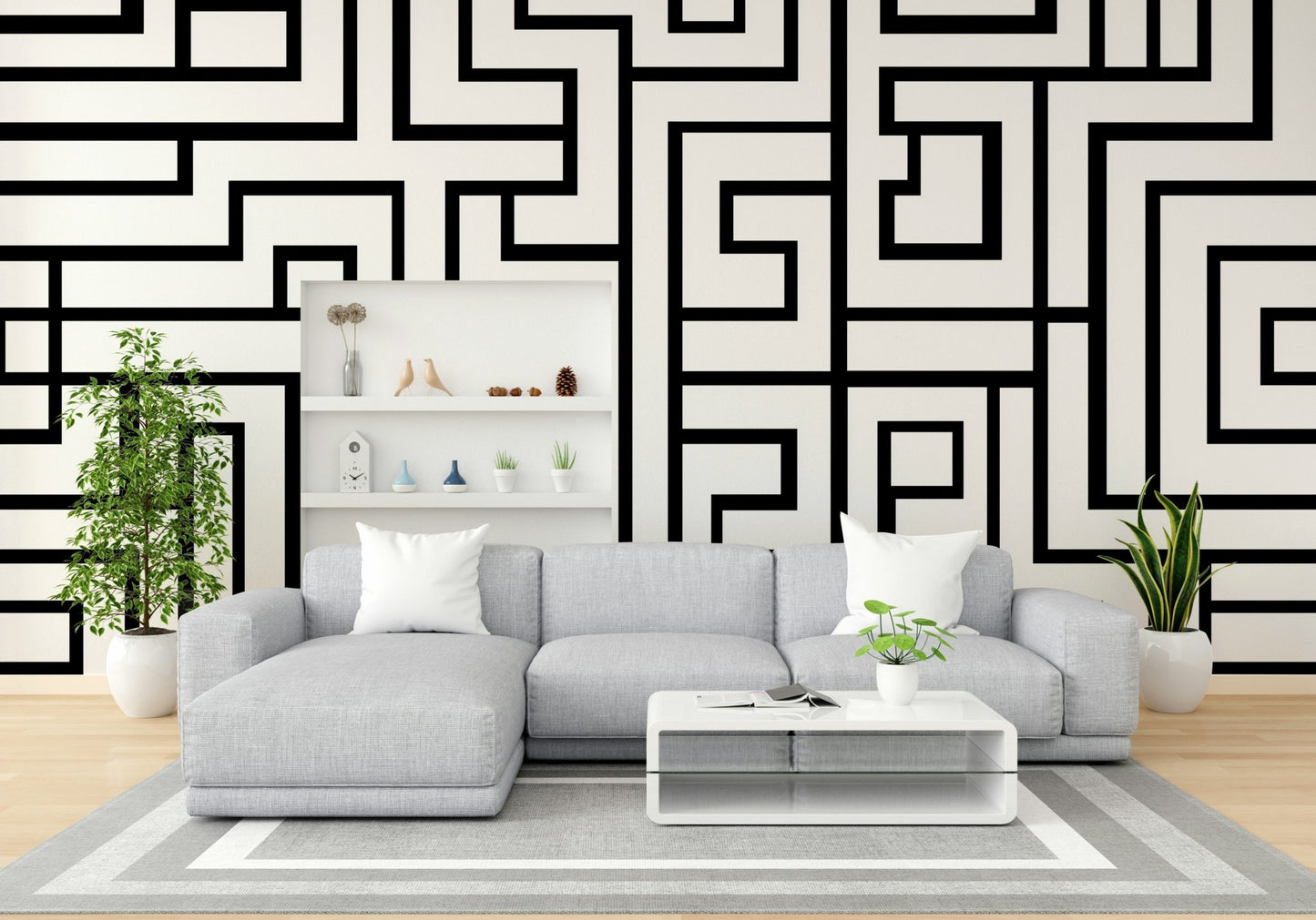 Graphic line mural for modern interiors
