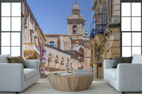 Dining nook mural showing stone passageway, minimalist apartment style