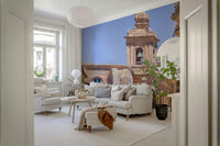 Neutral stone wall mural for home office, calm Mediterranean arch view