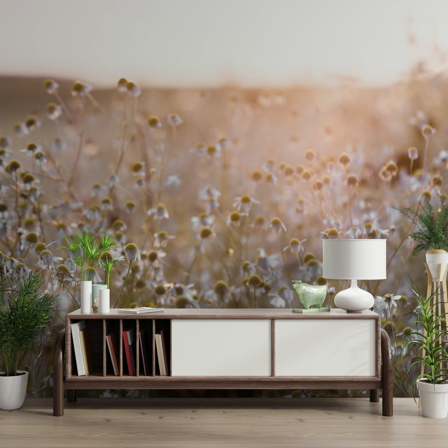 Layered foreground gives depth to Meadow Bloom Sunset pattern.