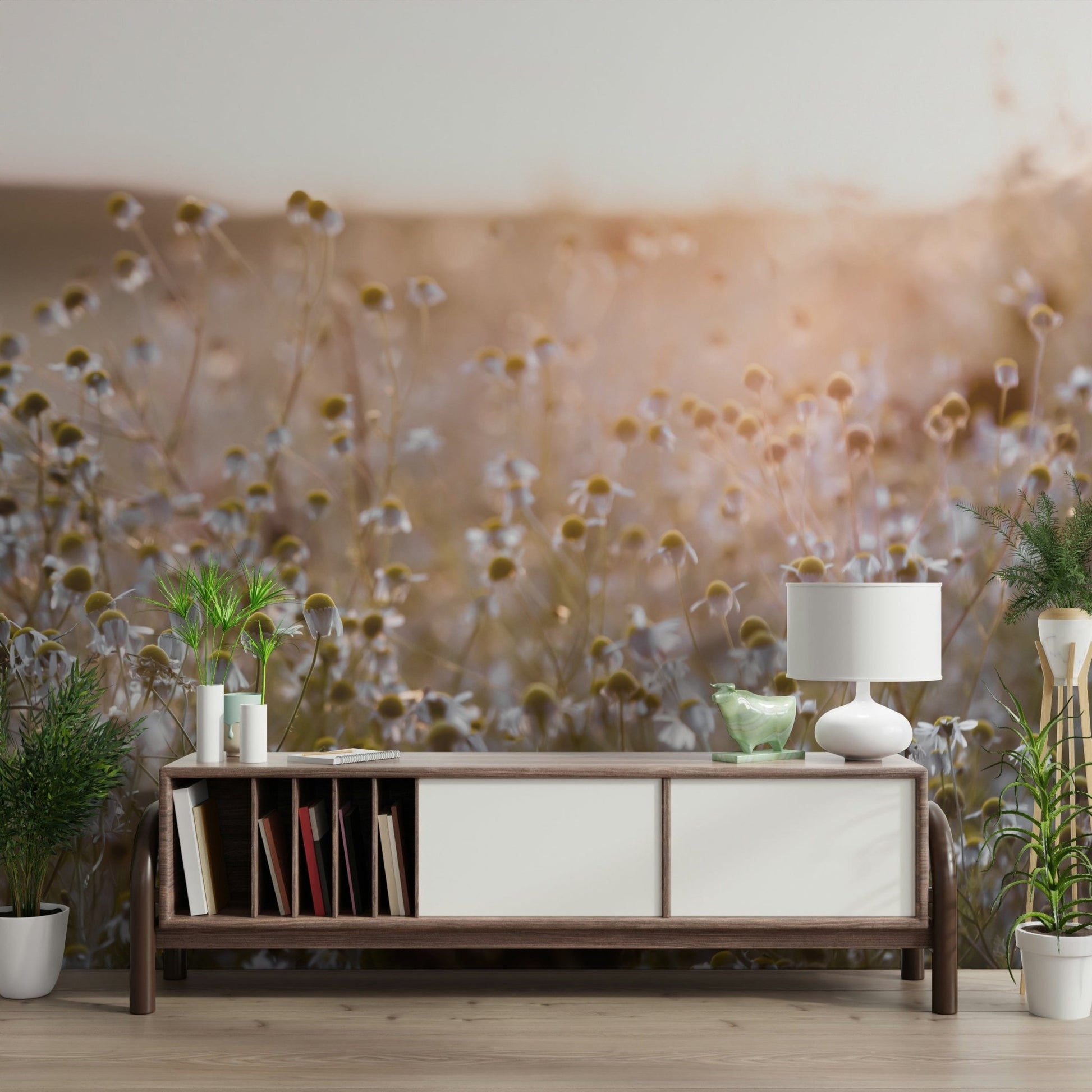 Layered foreground gives depth to Meadow Bloom Sunset pattern.