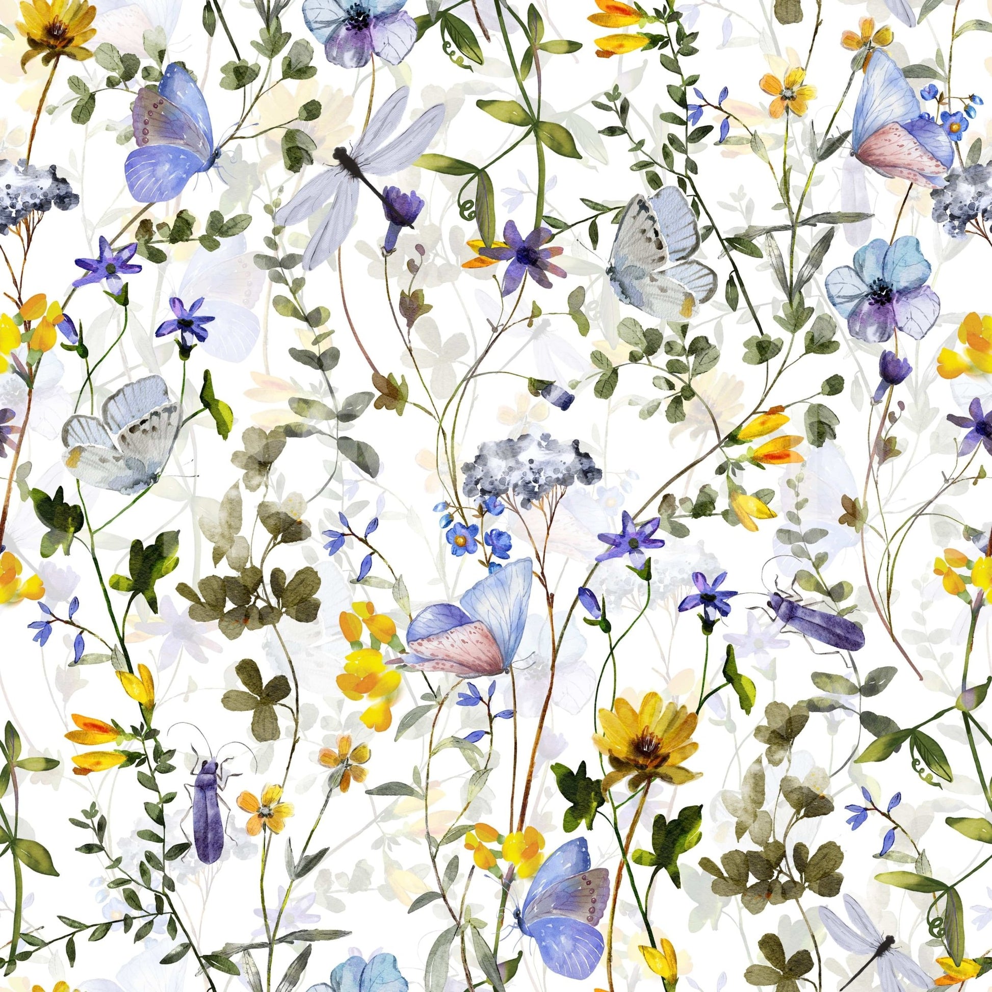 Meadow Butterfly Whispers Garden, serene wildflower botanical illustration.