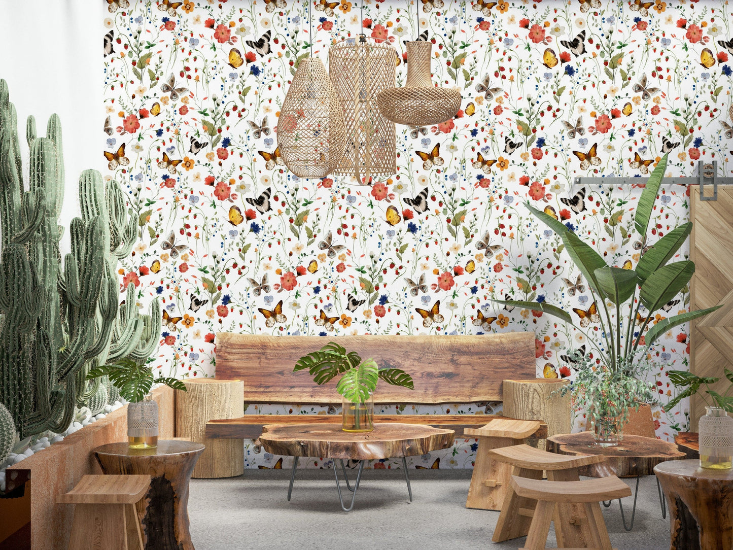 Butterfly garden wallpaper for walls in a detailed watercolor style.