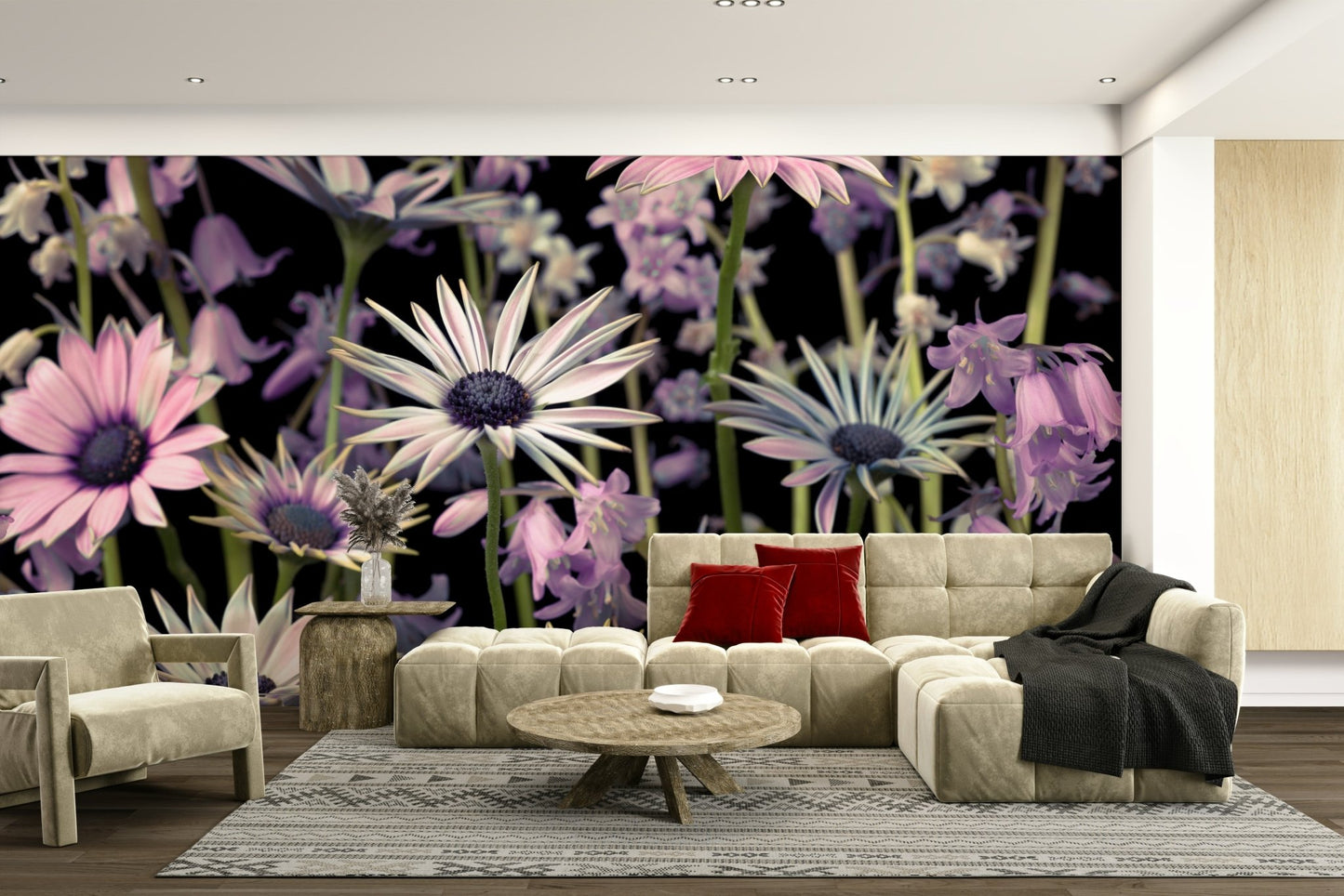 Meadow Flowers Wall Mural featuring vibrant purple and pink blooms

