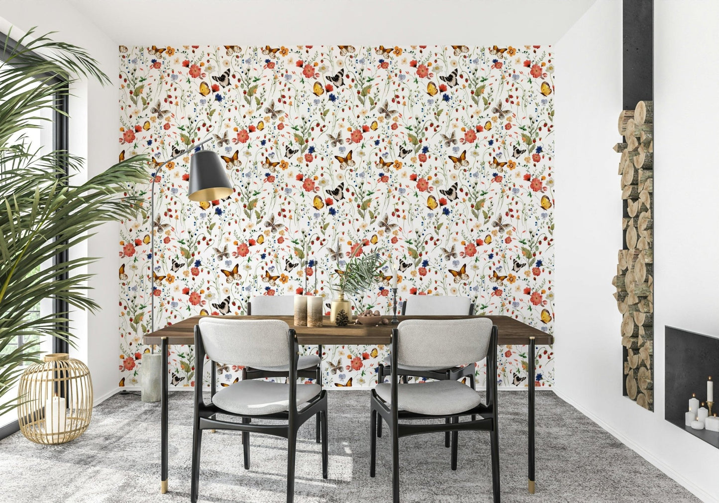 Meadow Magic decorative wallpaper with tiny red berries and petals.
