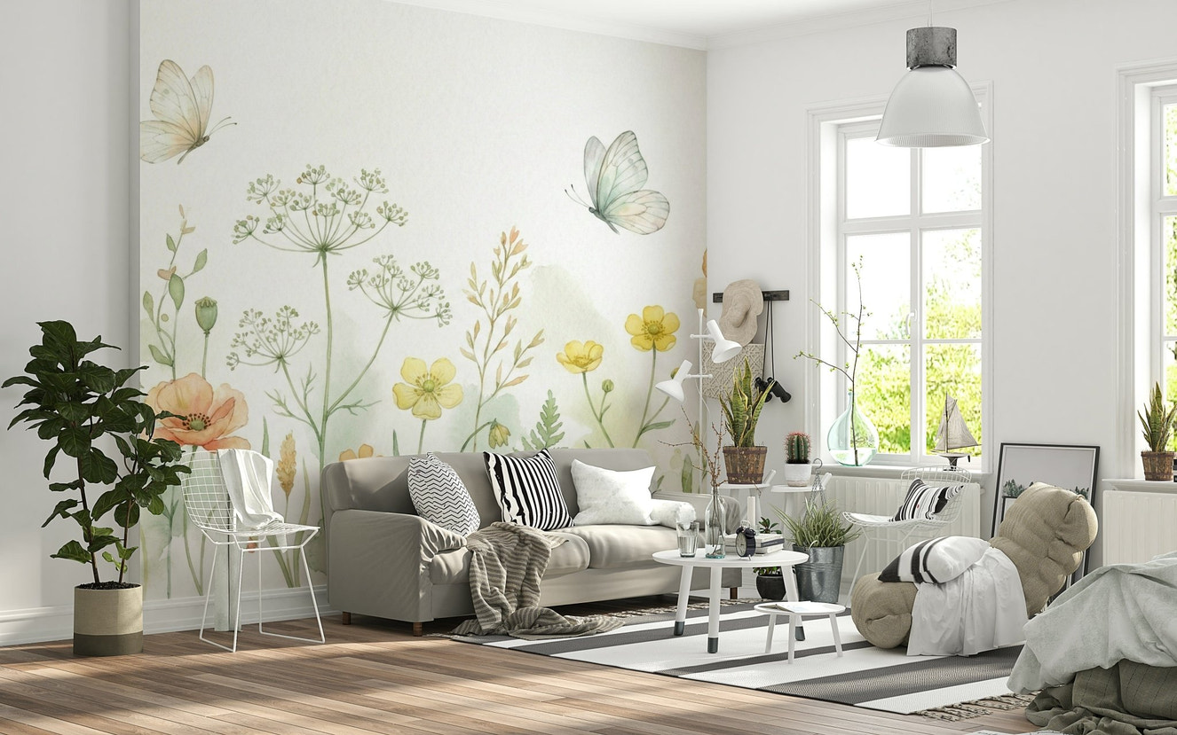 Meadow Whispers Wall Mural in a light-filled flat with tall windows.