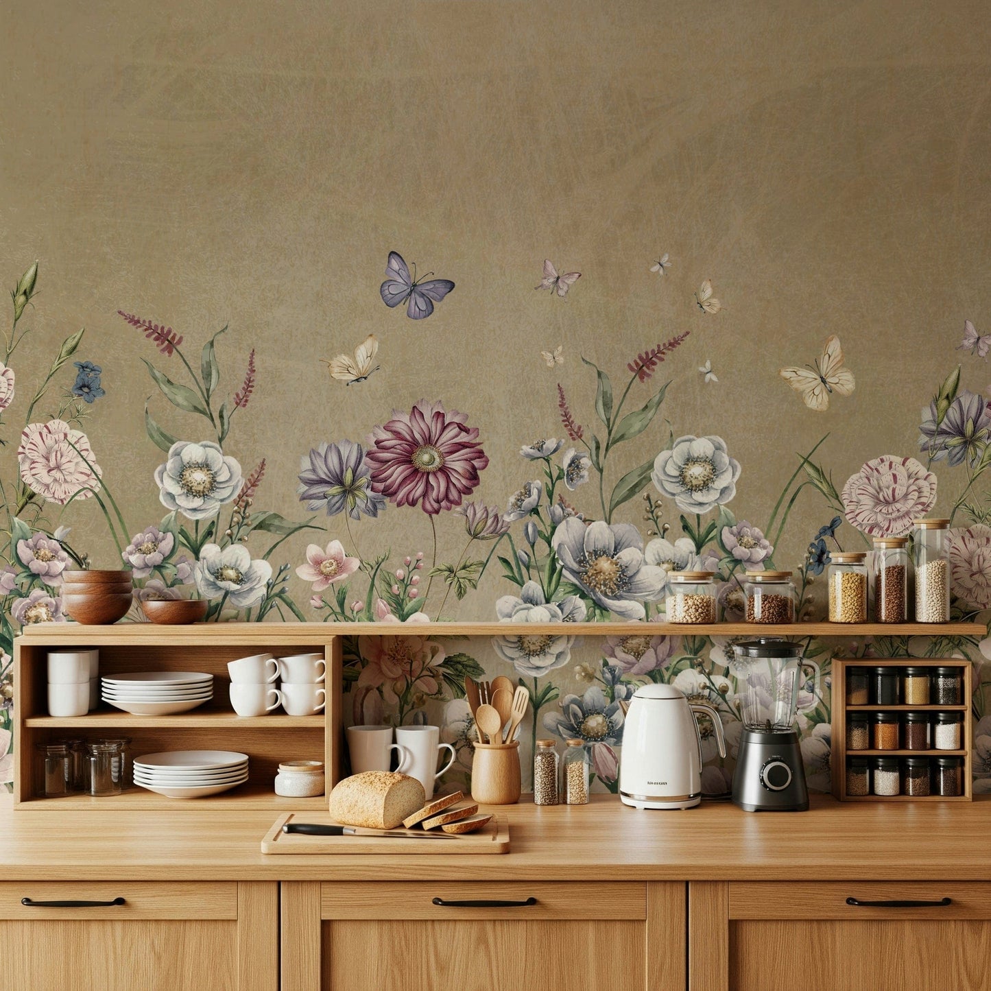 Close-up of meadow grasses and tiny blooms mural, muted green color palette for wall decor