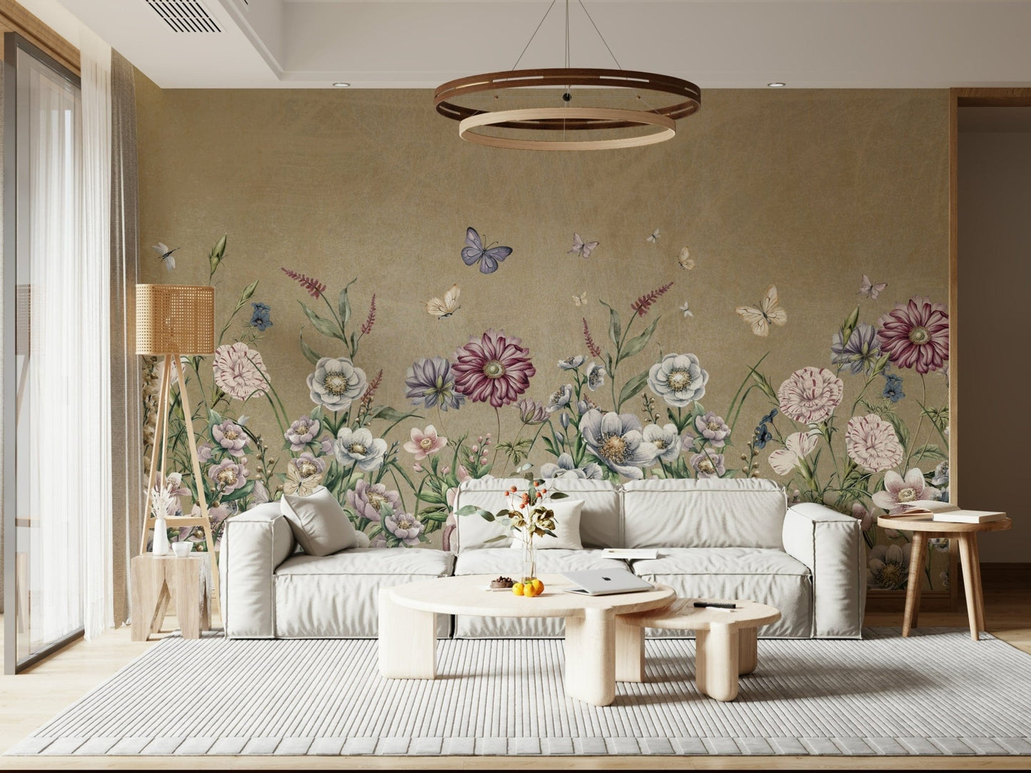 Meadow wildflower mural behind beige sofa in modern living room, soft green and cream tones