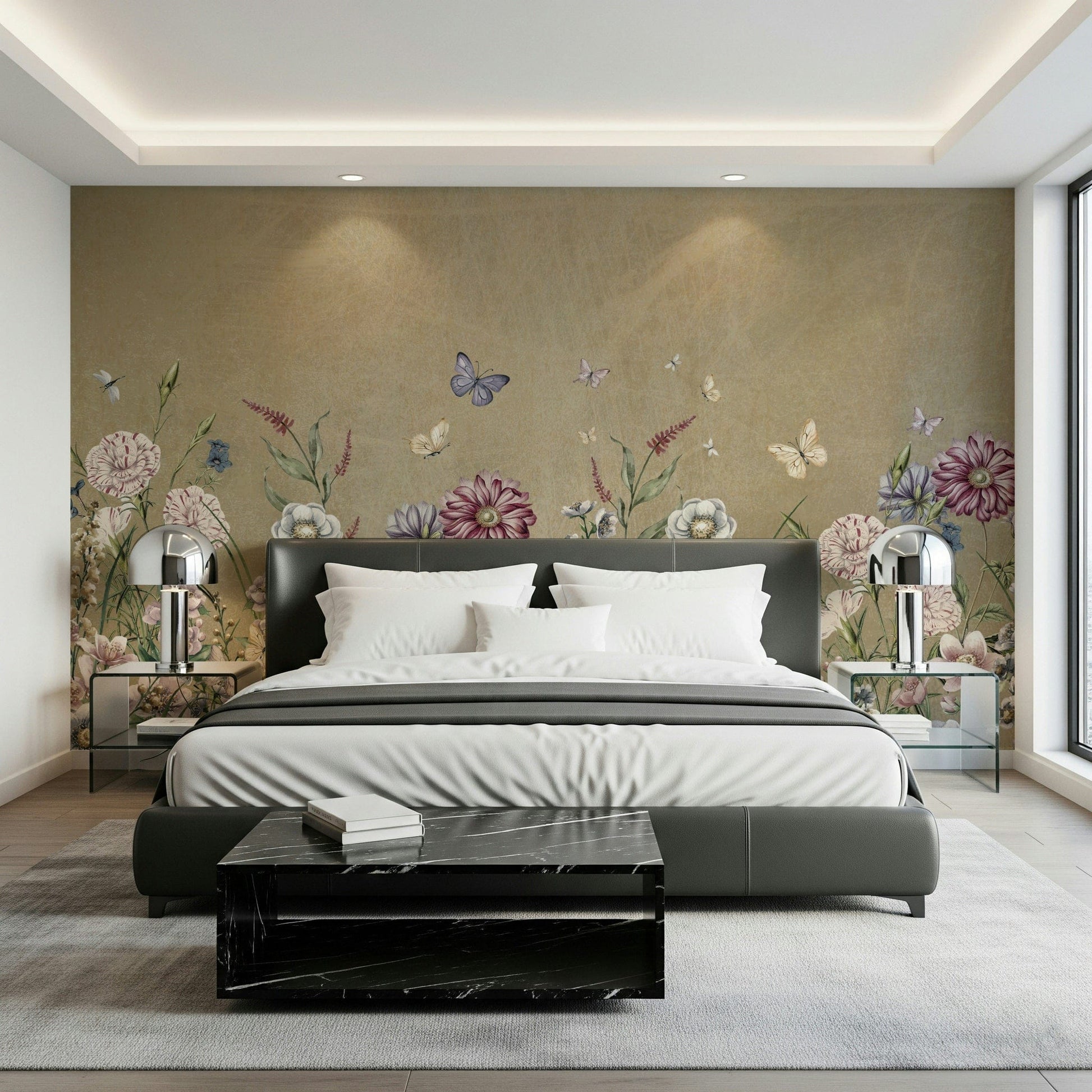 Wild meadow wall mural in modern reading nook with armchair and warm lighting