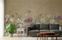 Meadow floral mural behind bed, soft watercolor style for a calm bedroom backdrop