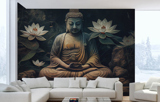 Meditative Buddha and Lotus Flowers wallpaper mural with white lotus on a dark background behind a large white sectional sofa in a living room