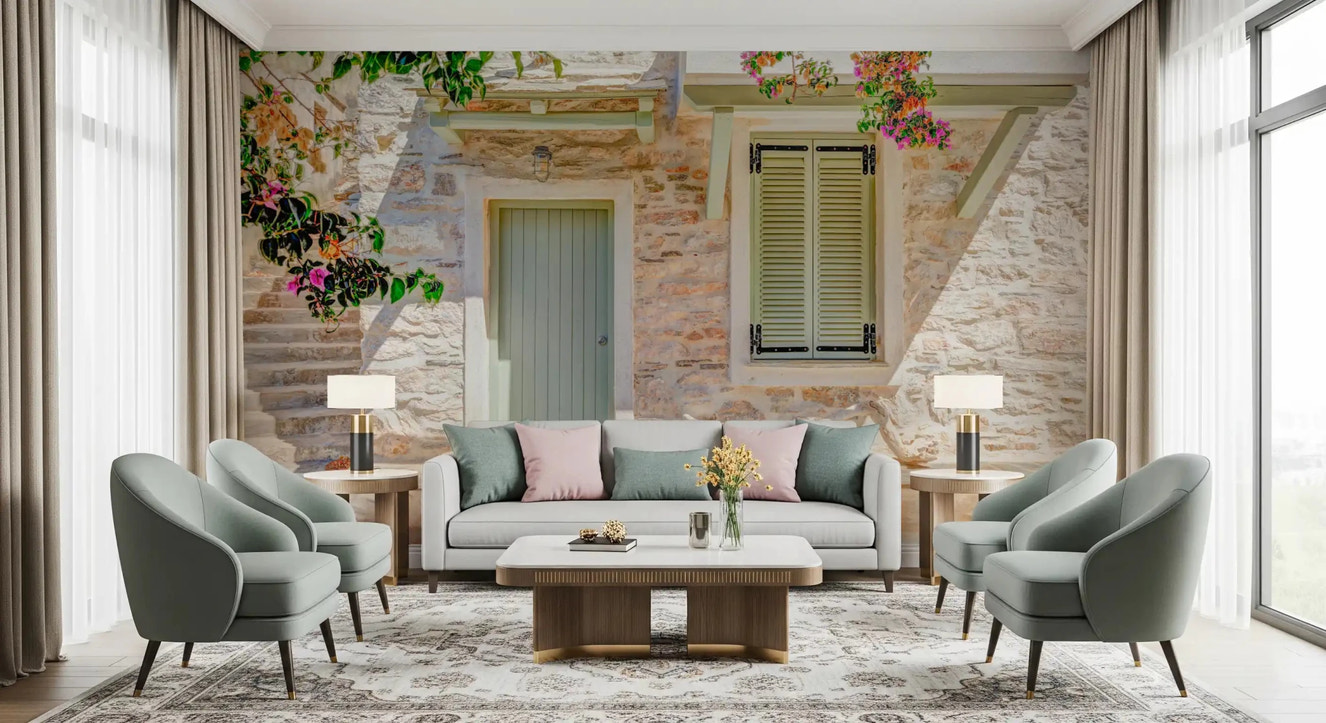 Mediterranean Doorway Charm Wall Mural for living room with sage green shutters and stone wall.