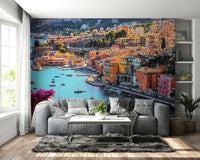 Peel and stick mural of Mediterranean village and ocean

