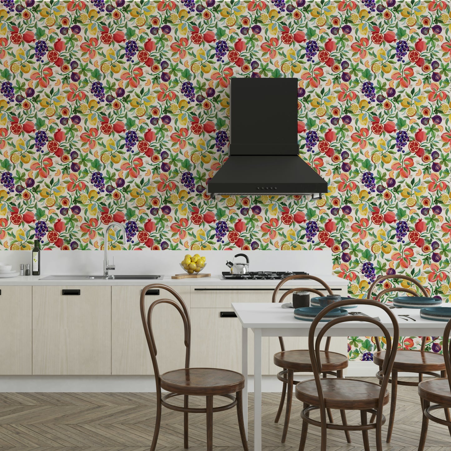 Bright Mediterranean fruit wallpaper for vibrant spaces

