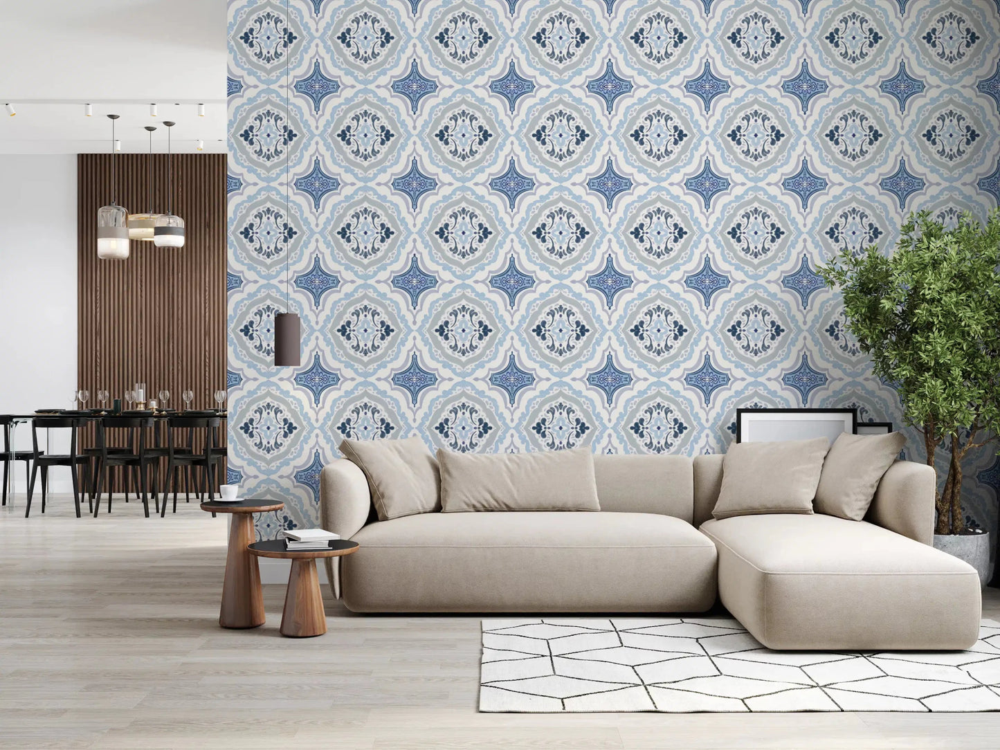 Intricate indigo fleur tile wallpaper design with a clean white background.
