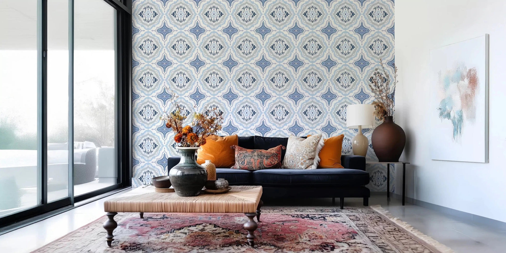 Traditional Mediterranean indigo fleur tile wallpaper for a hallway wall.
