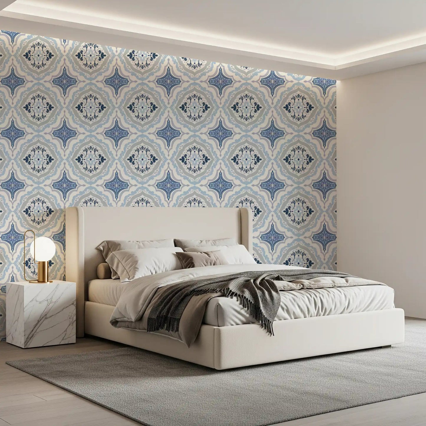 Mediterranean indigo fleur tile wallpaper used for a bedroom feature wall.