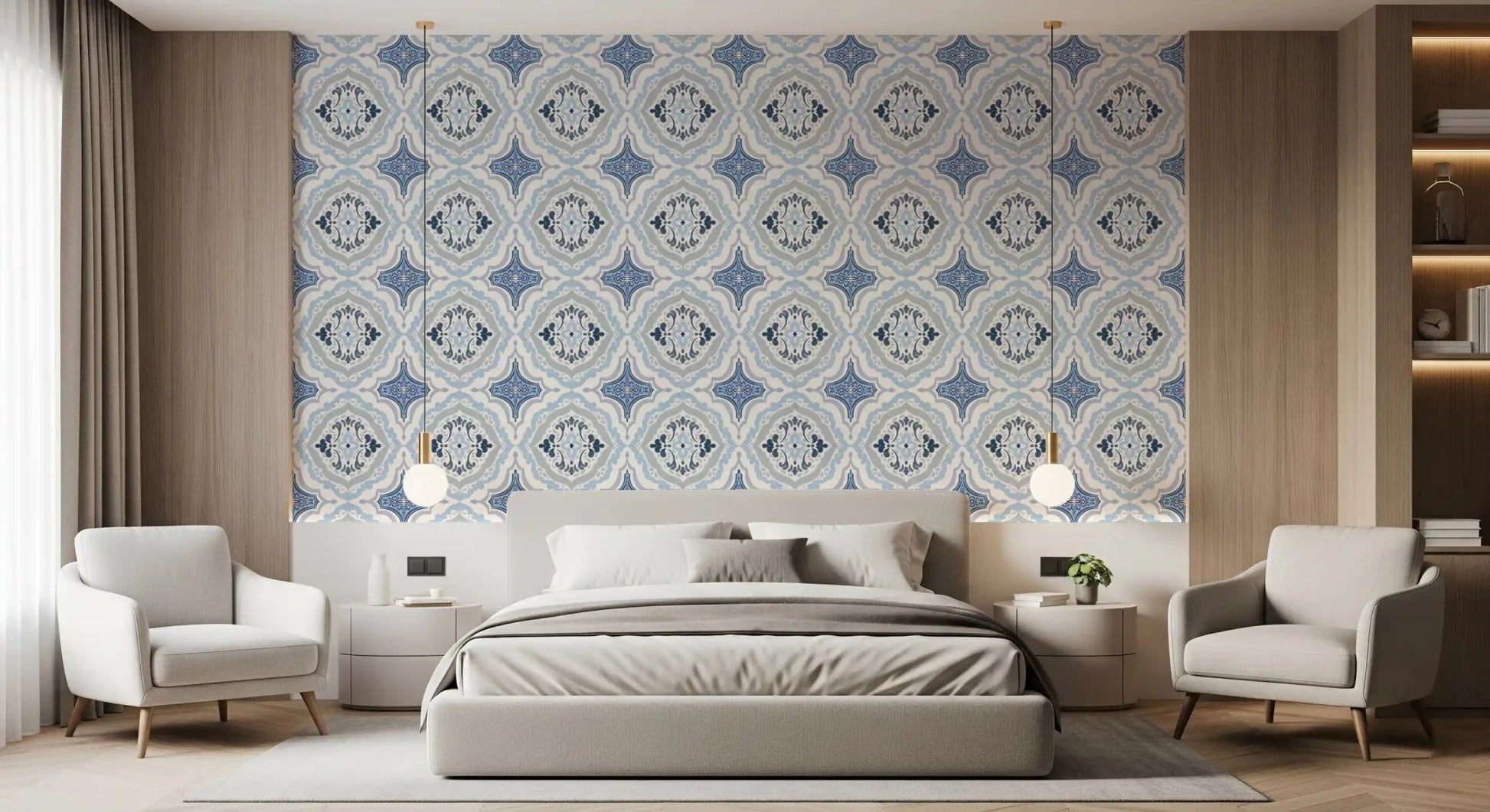 Mediterranean indigo fleur tile wallpaper in a bright bedroom.