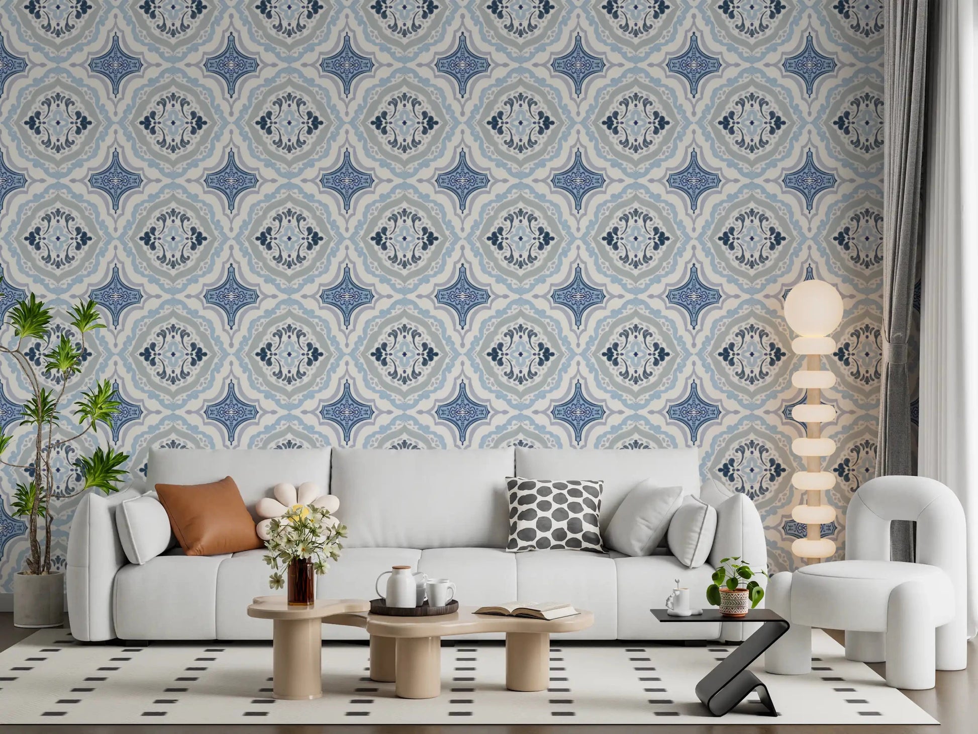 Modern Mediterranean indigo fleur tile wallpaper for an apartment hallway