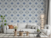 Modern Mediterranean indigo fleur tile wallpaper for an apartment hallway