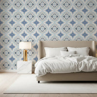 Artistic indigo fleur tile wallpaper with a soft matte finish.