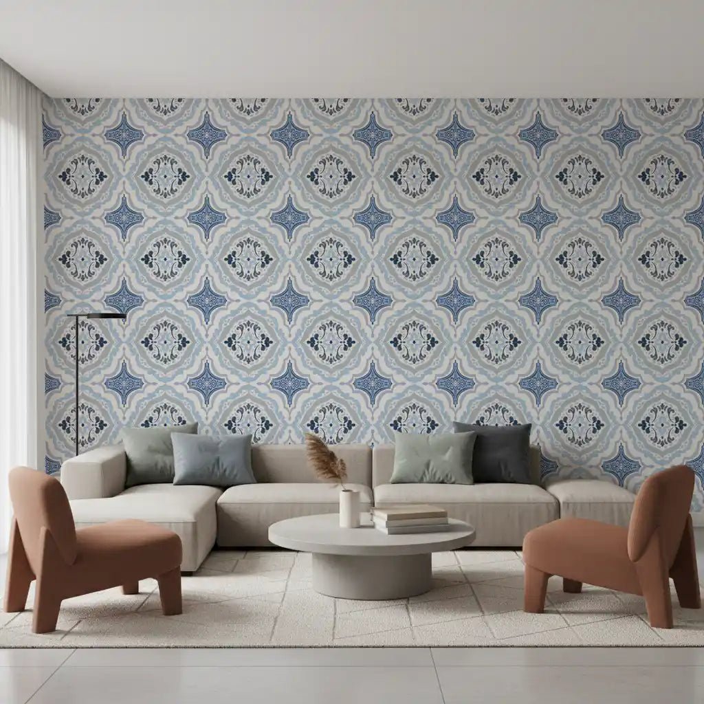 Mediterranean indigo fleur living room tile wallpaper featuring a classic blue floral pattern.