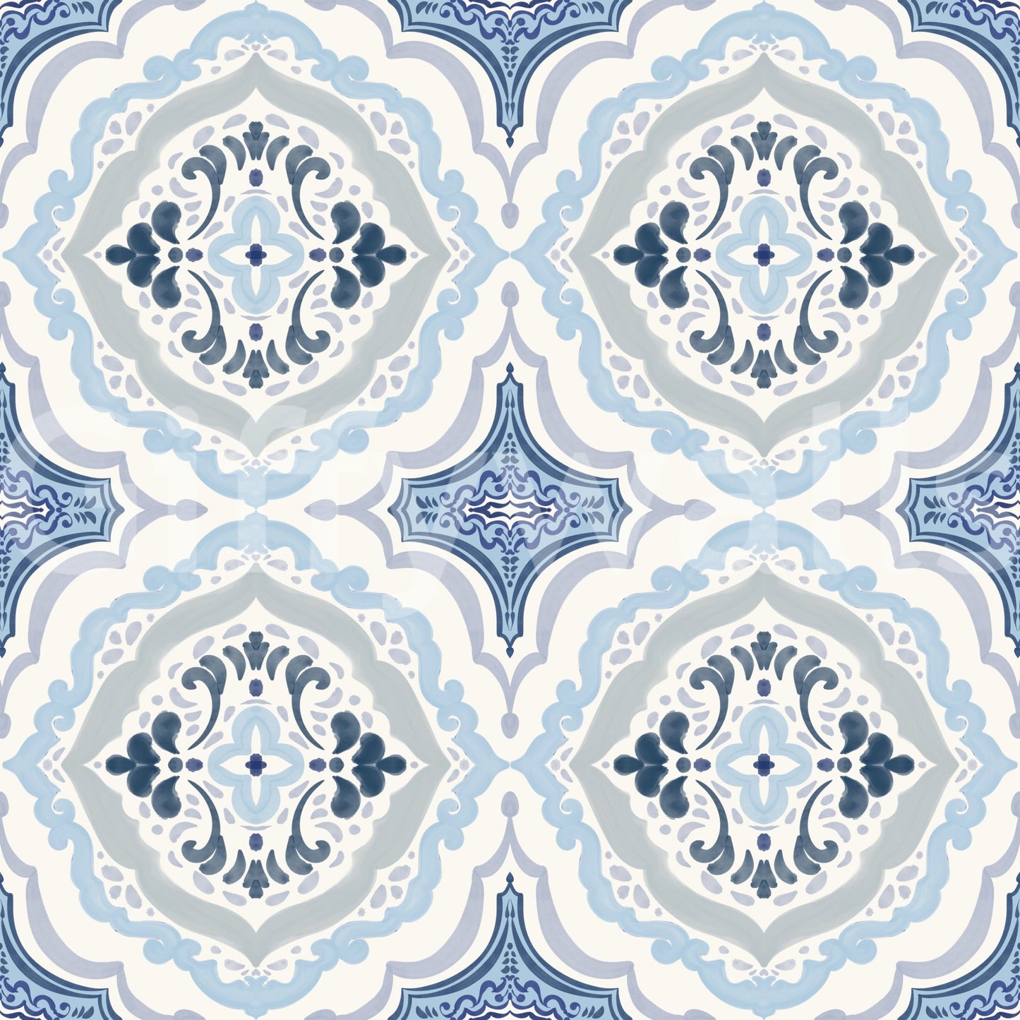 Mediterranean indigo fleur tile wallpaper for a modern hallway setup.