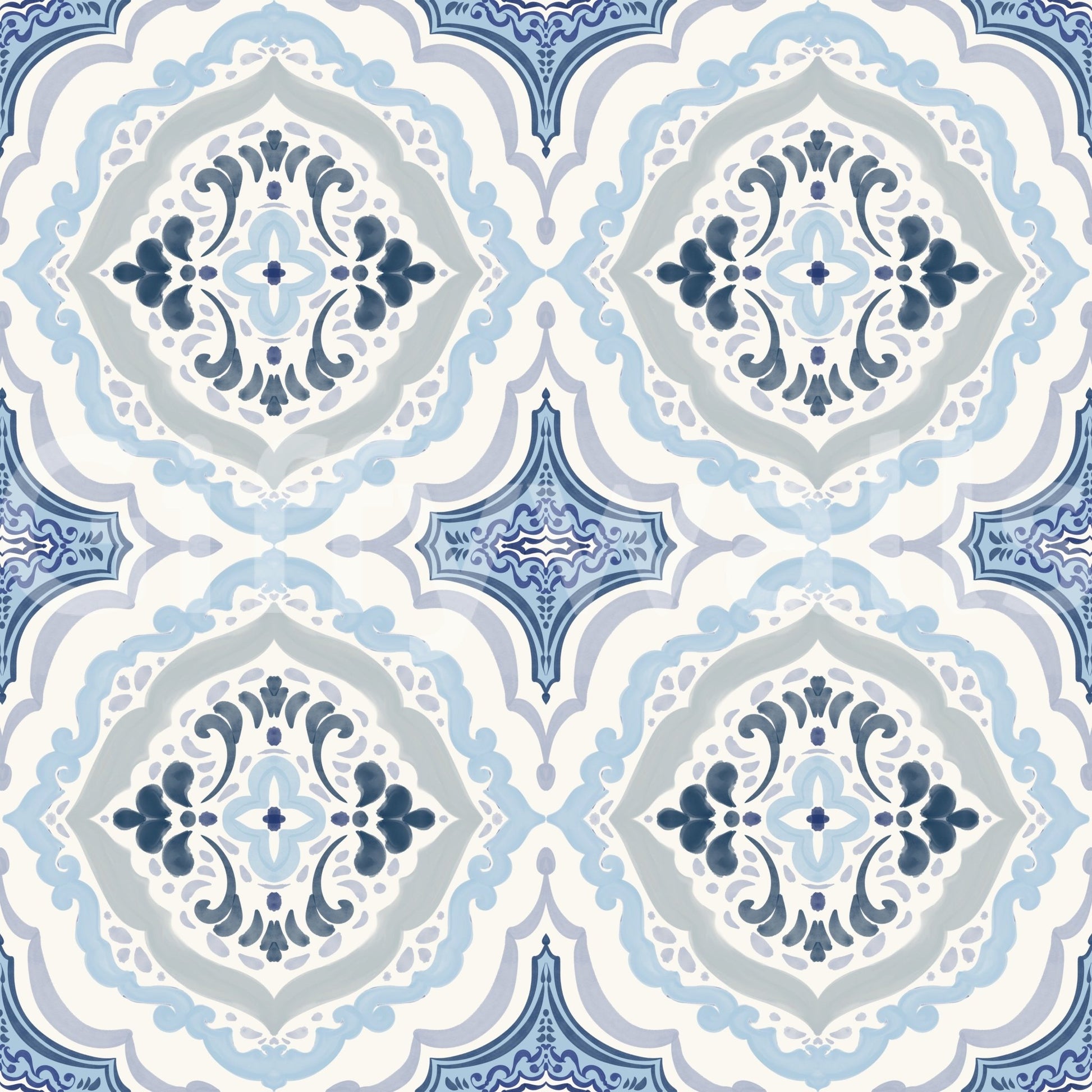 Mediterranean indigo fleur tile wallpaper for a modern hallway setup.