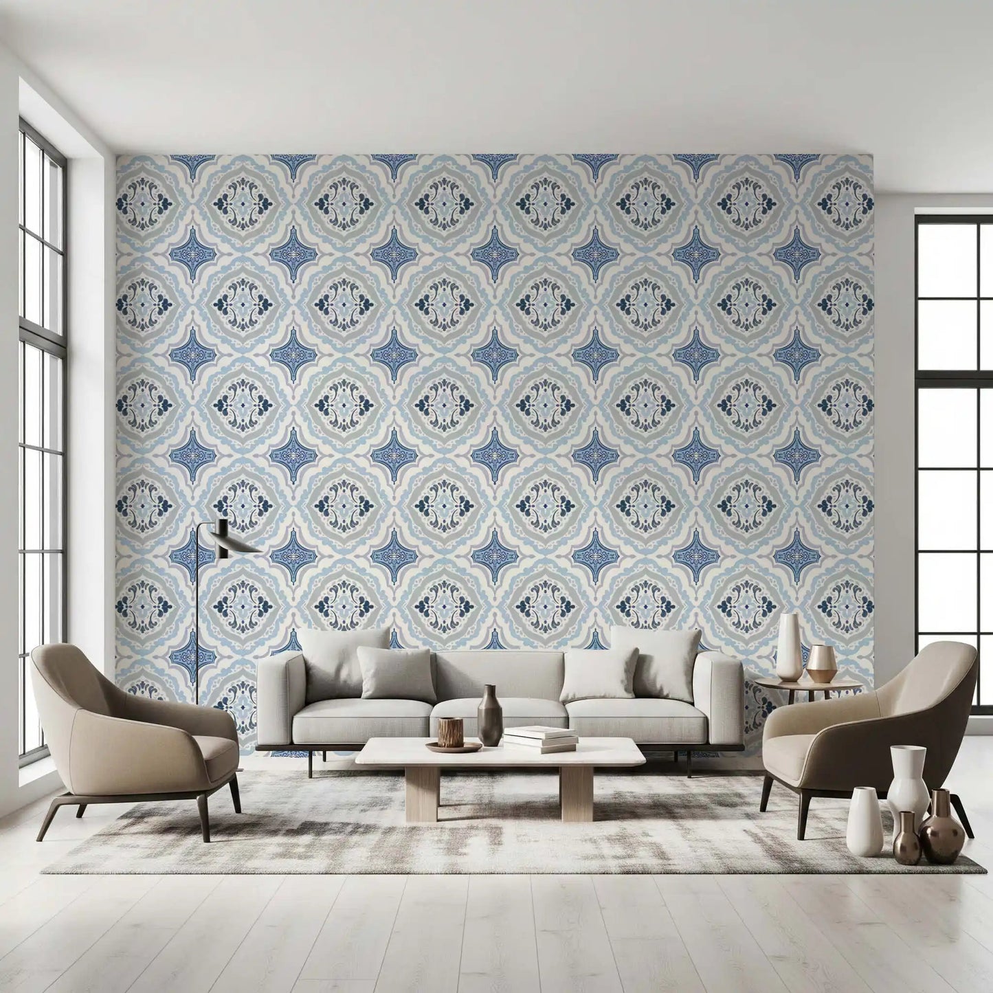 Symmetrical floral pattern on an indigo fleur tile wallpaper.