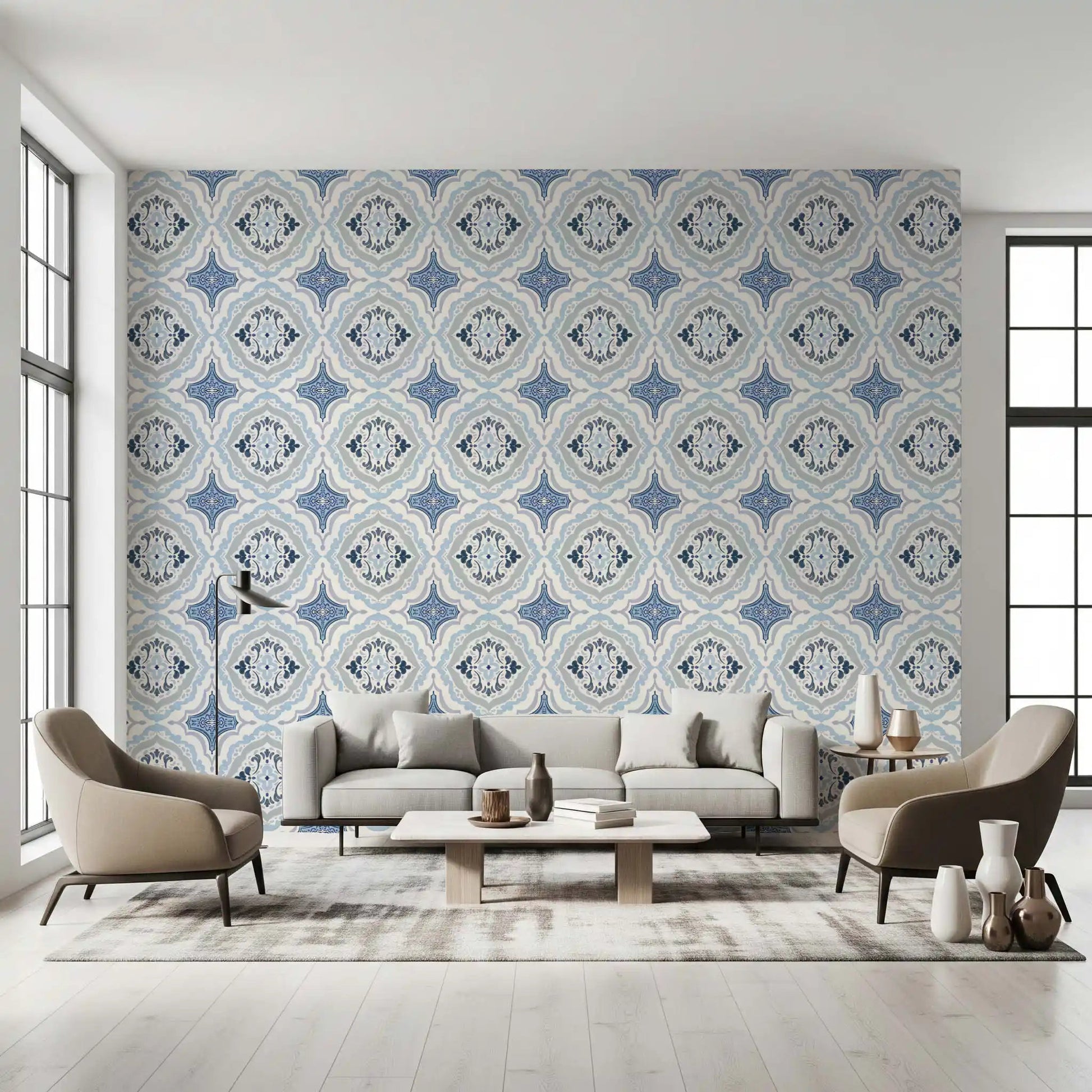 Symmetrical floral pattern on an indigo fleur tile wallpaper.
