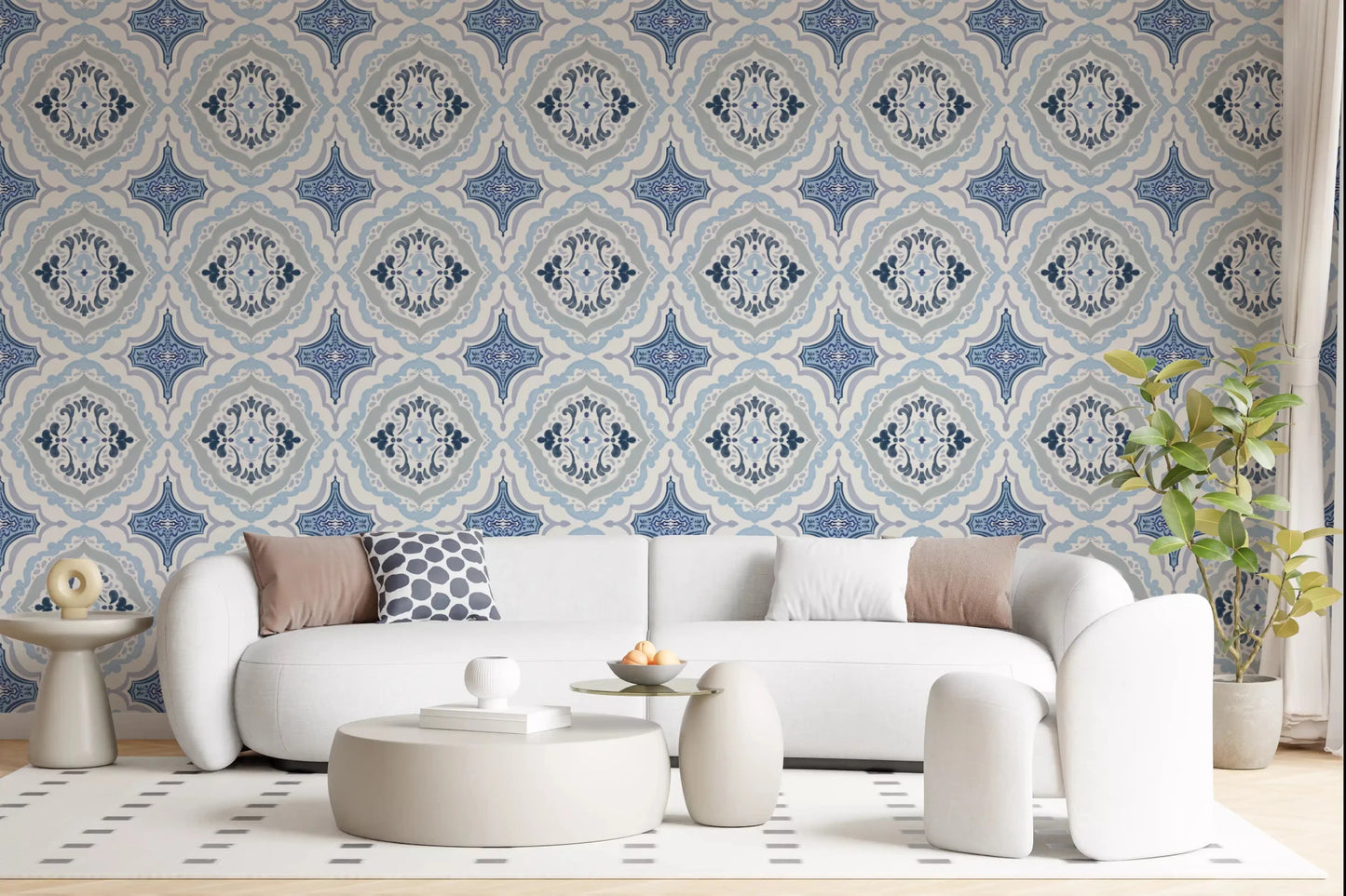 Indigo fleur tile for a living room wallpaper with repeating geometric floral shapes.