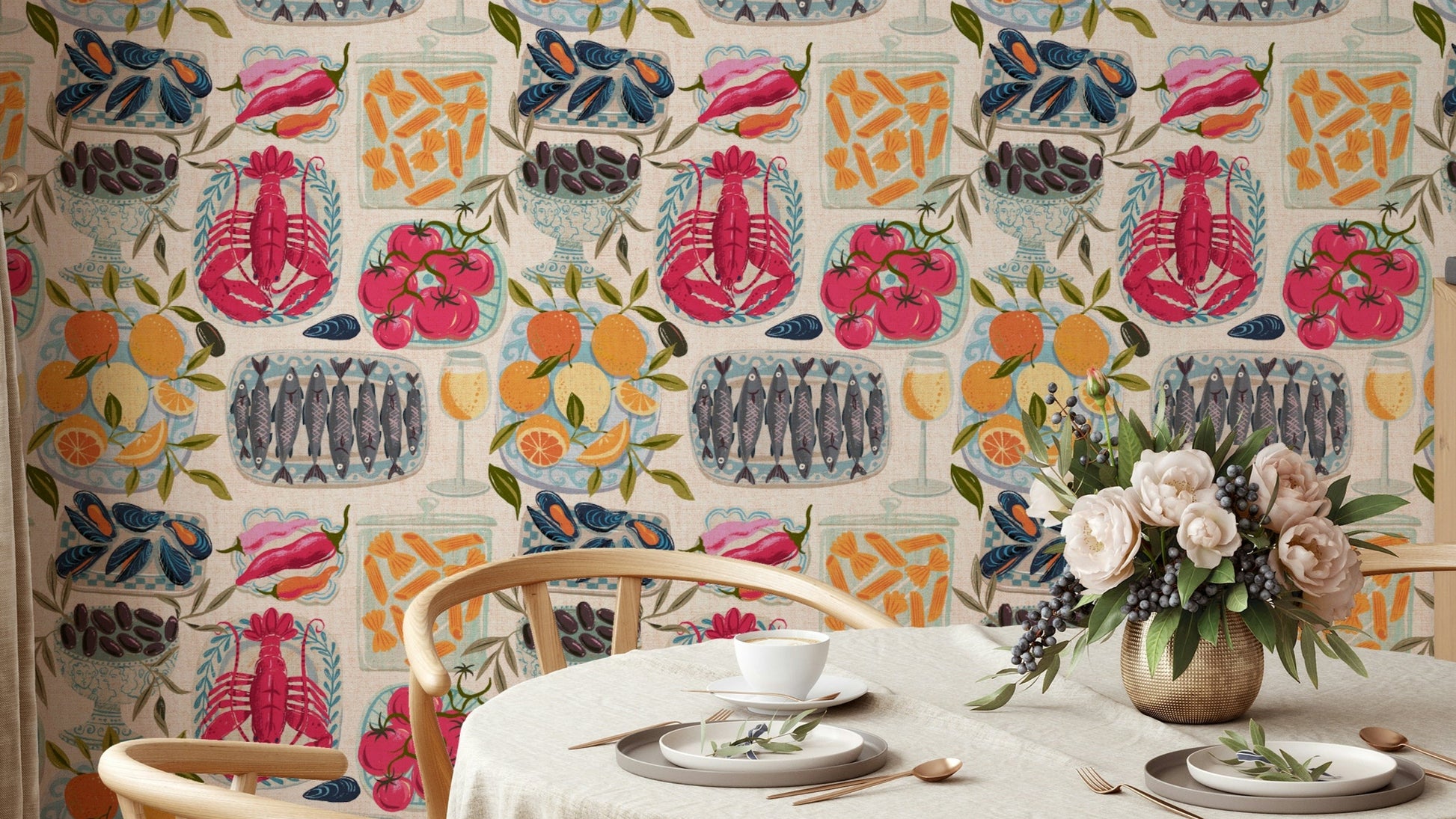 Mediterranean food wallpaper with mise en place layout

