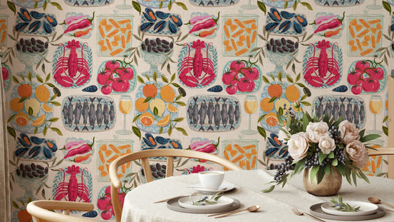 Mediterranean food wallpaper with mise en place layout

