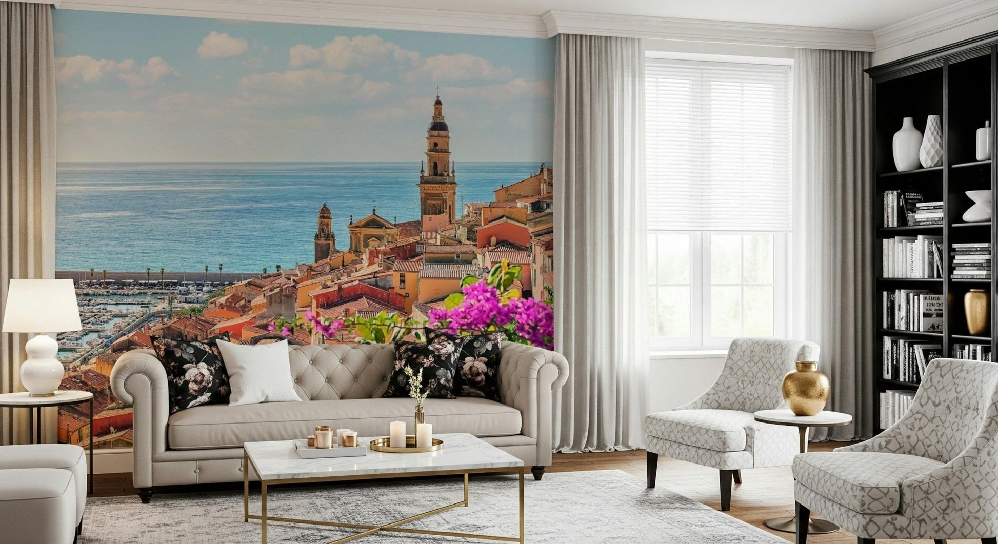 Peel and stick Mediterranean Village wallpaper with sailboats.