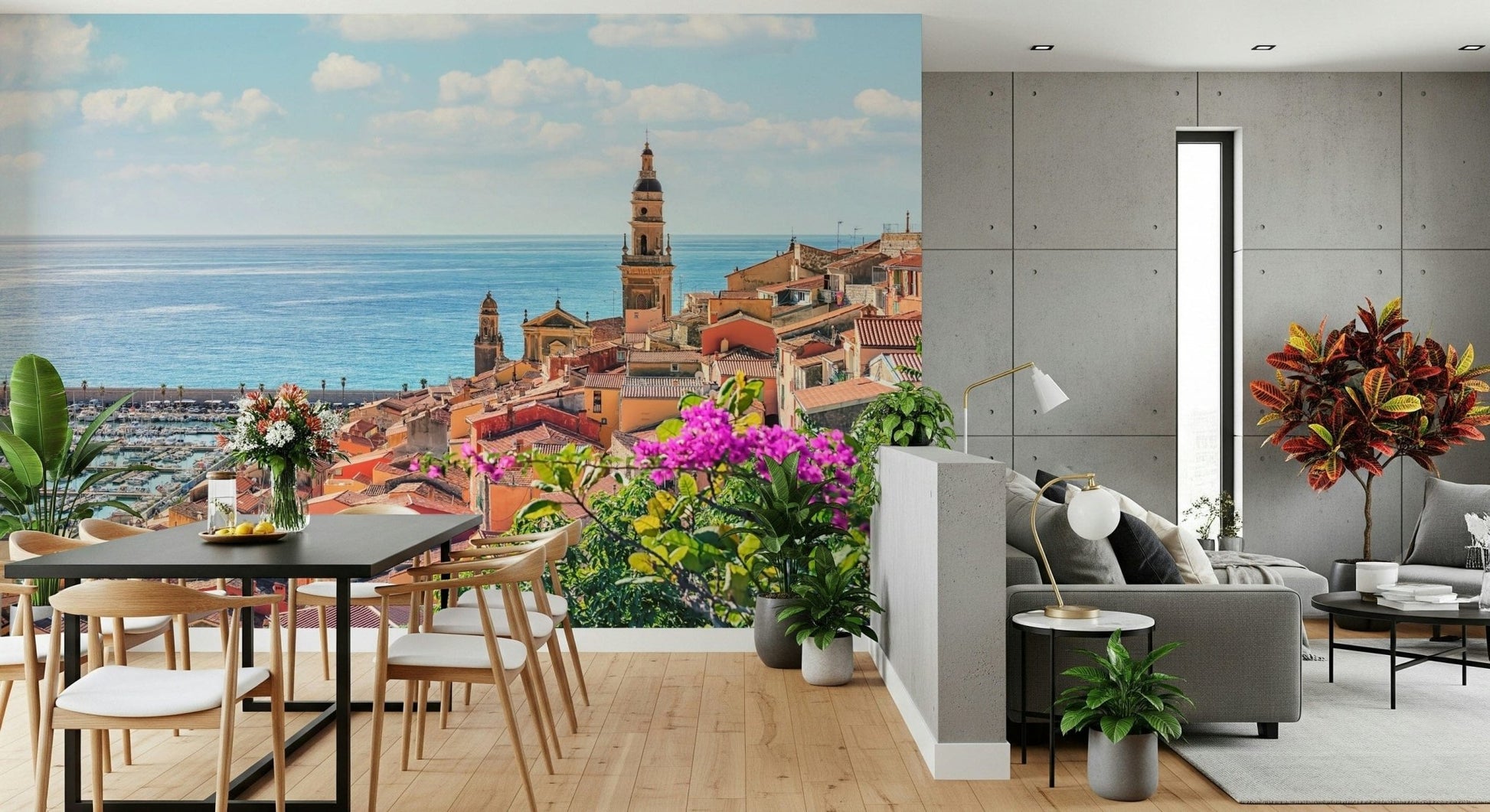 Serene seaside horizon depicted in Mediterranean Village mural.