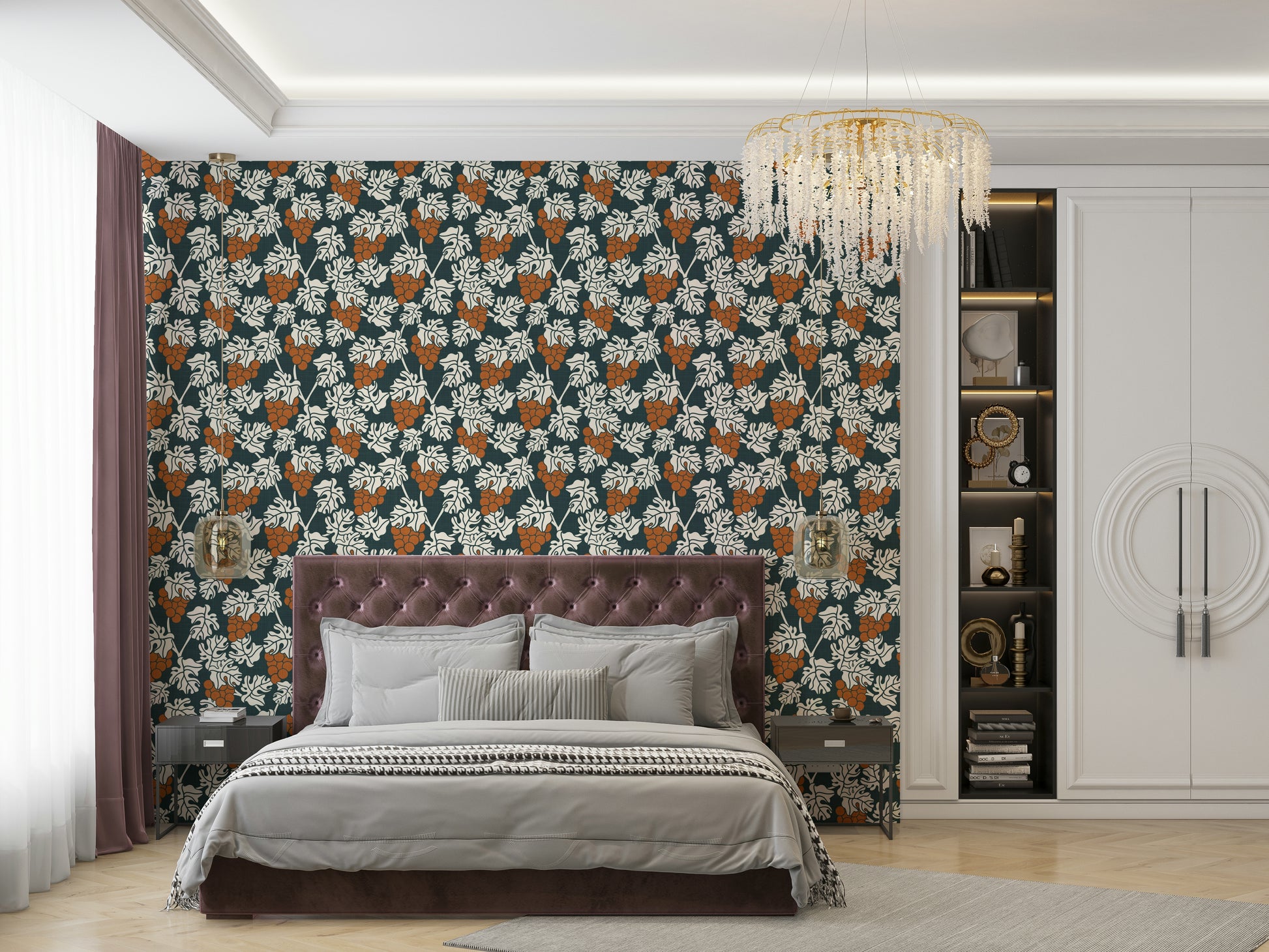 Beautiful grapevine design in Mediterranean blue wallpaper.

