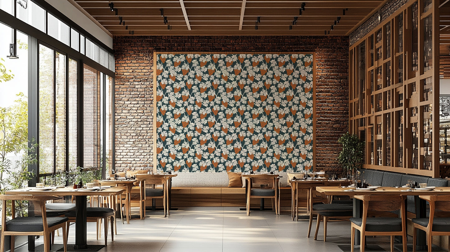 Blue wall mural featuring Mediterranean vineyard motifs.

