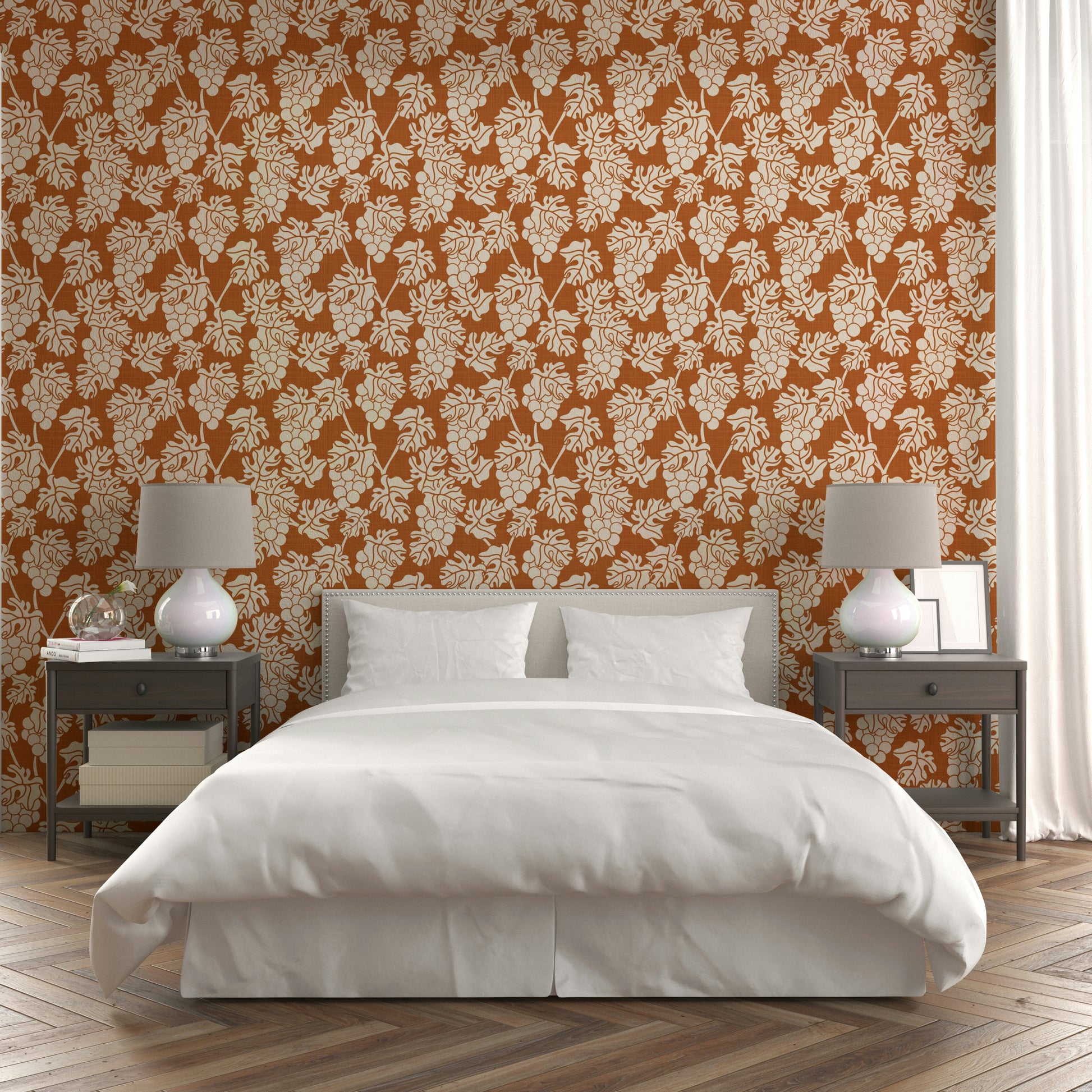 Grapevine design wallpaper with warm terracotta shades.


