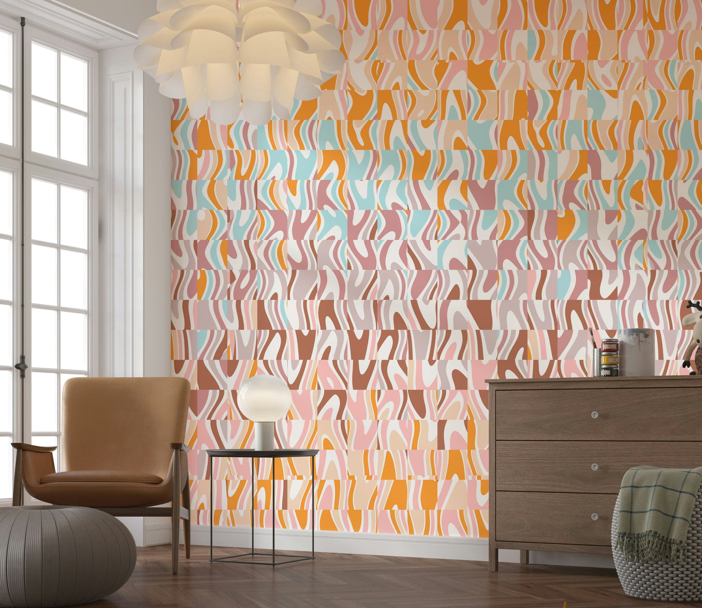 Groovy psychedelic aesthetic Melting Colors wall mural vibrant orange pink.