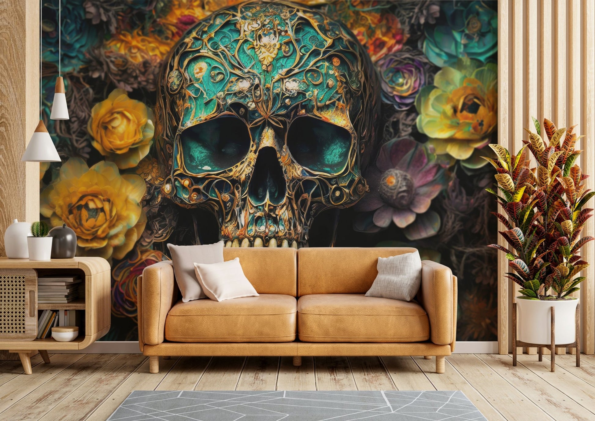 Gothic wall mural with intricate details of skulls and blooms

