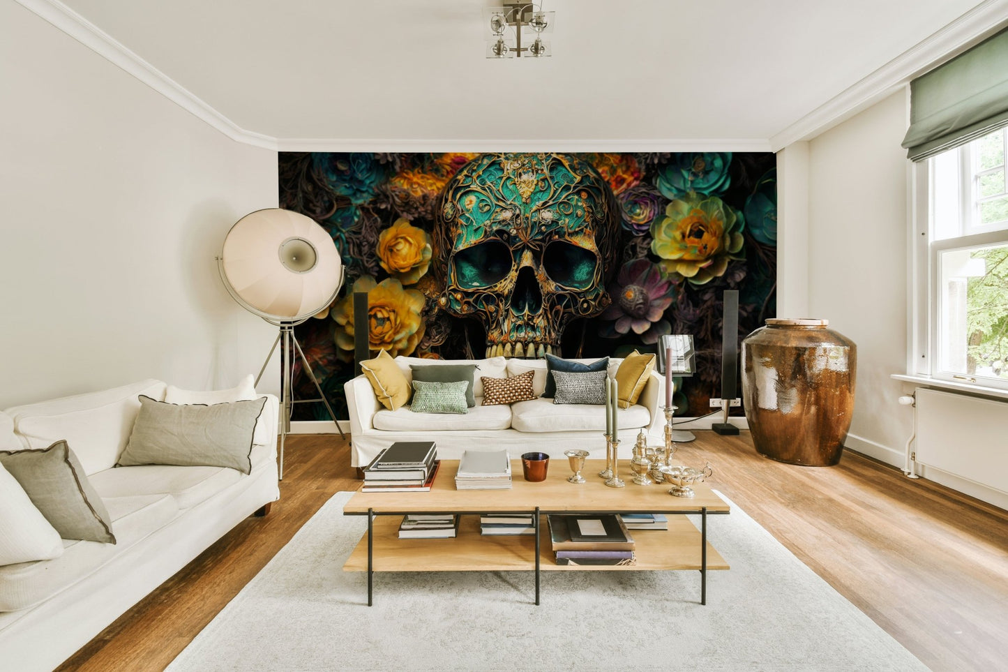 Hauntingly beautiful design with bones and vibrant floral elements

